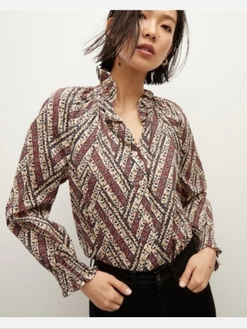 Veronica Beard Calisto Top Ruffle Collar Cropped Button Down